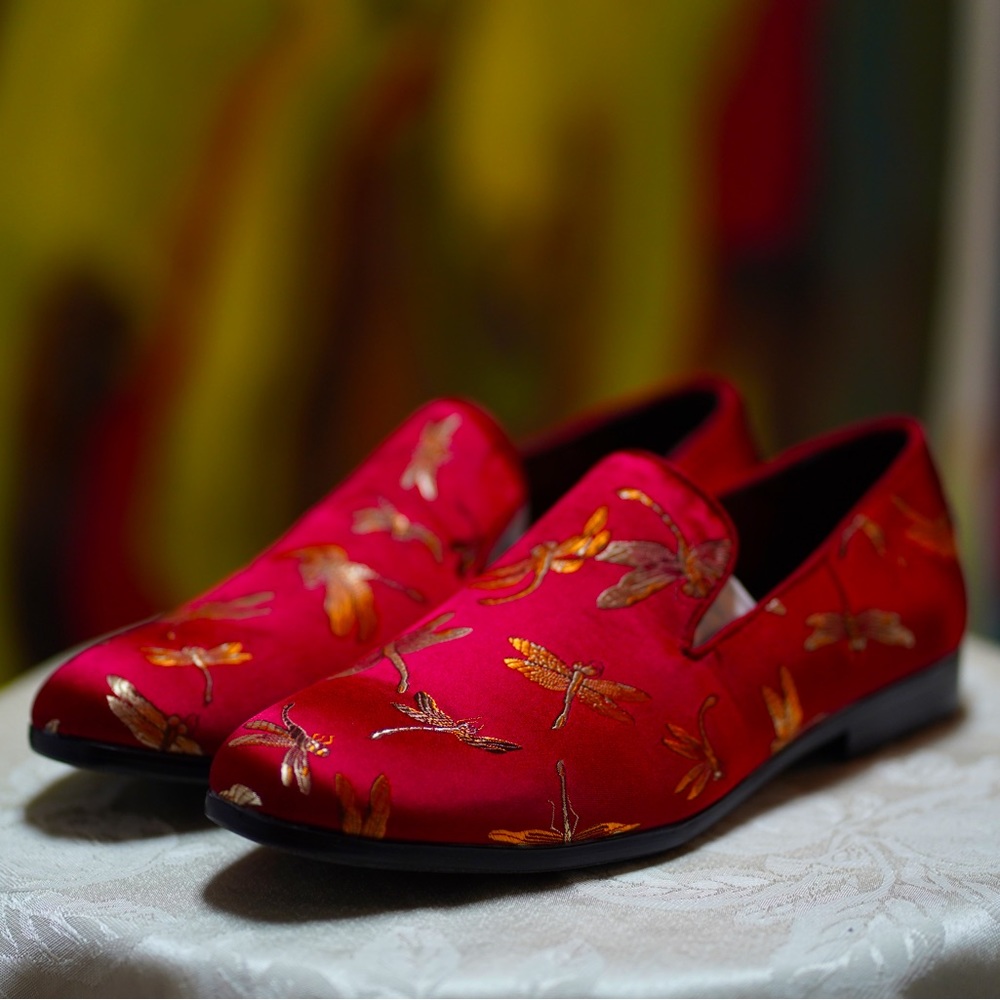 Mens Velvet Slip-On Loafers Red